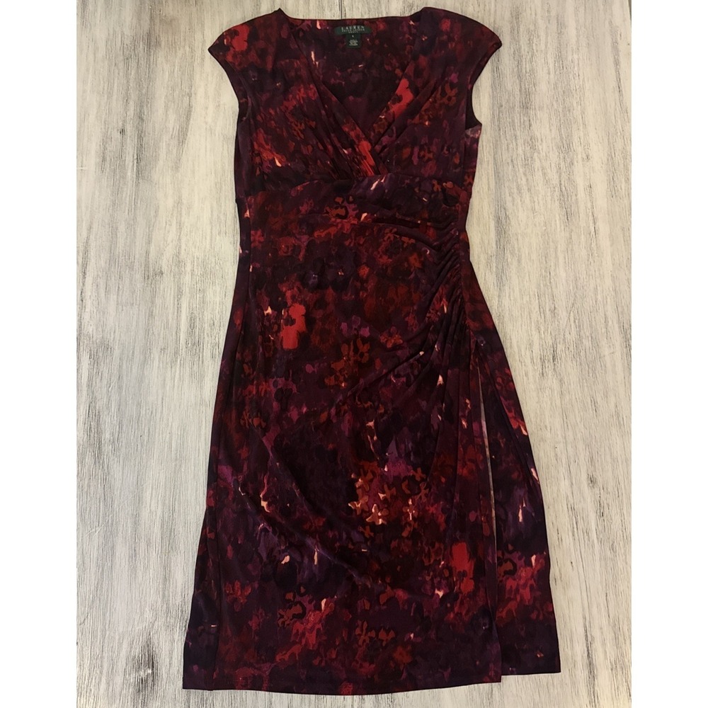 Lauren Ralph Lauren Water Color Floral Side -ruched Sheath Dress Size Small